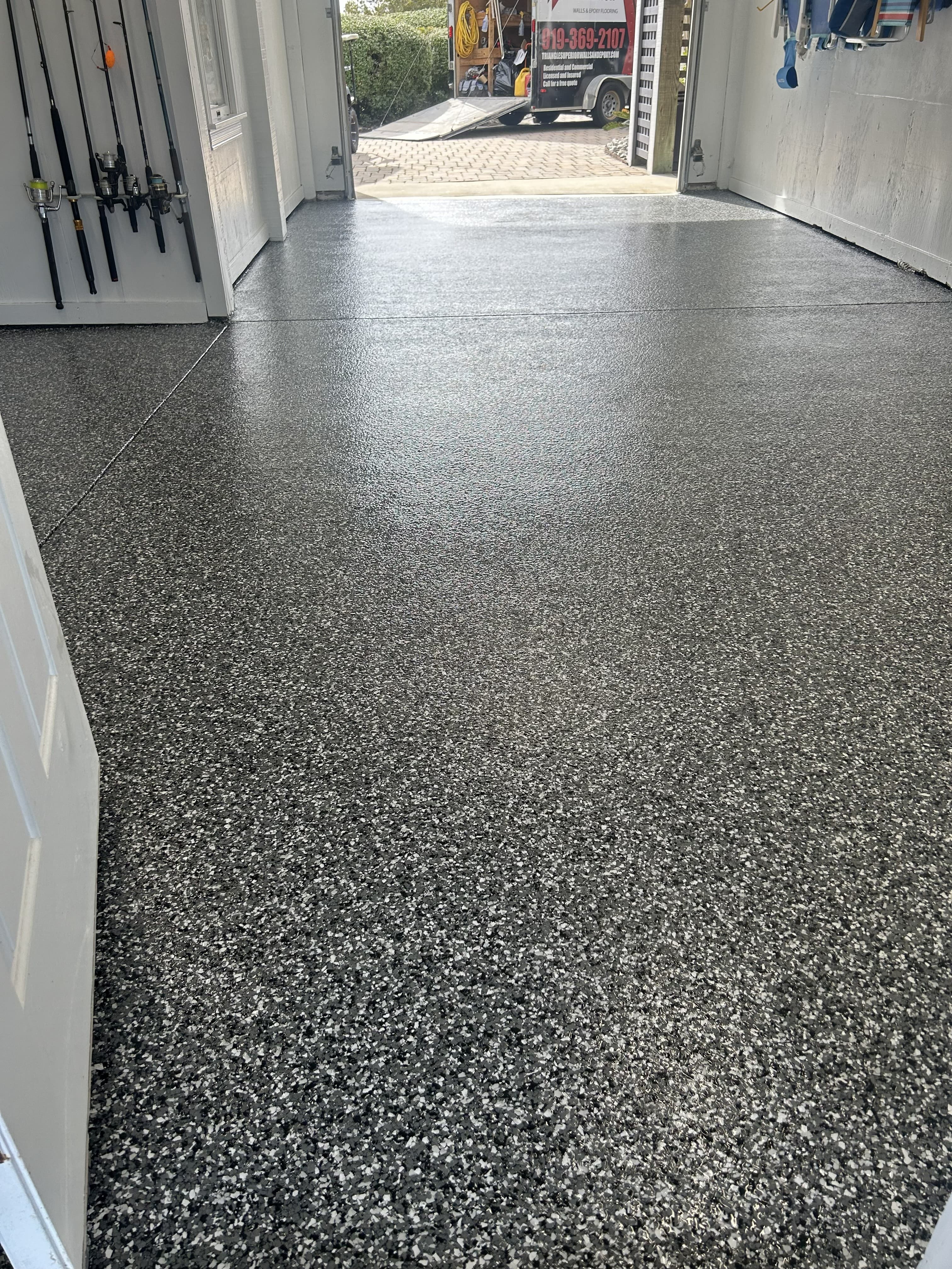 Full flake polyurea garage floor after coating — Raleigh NC